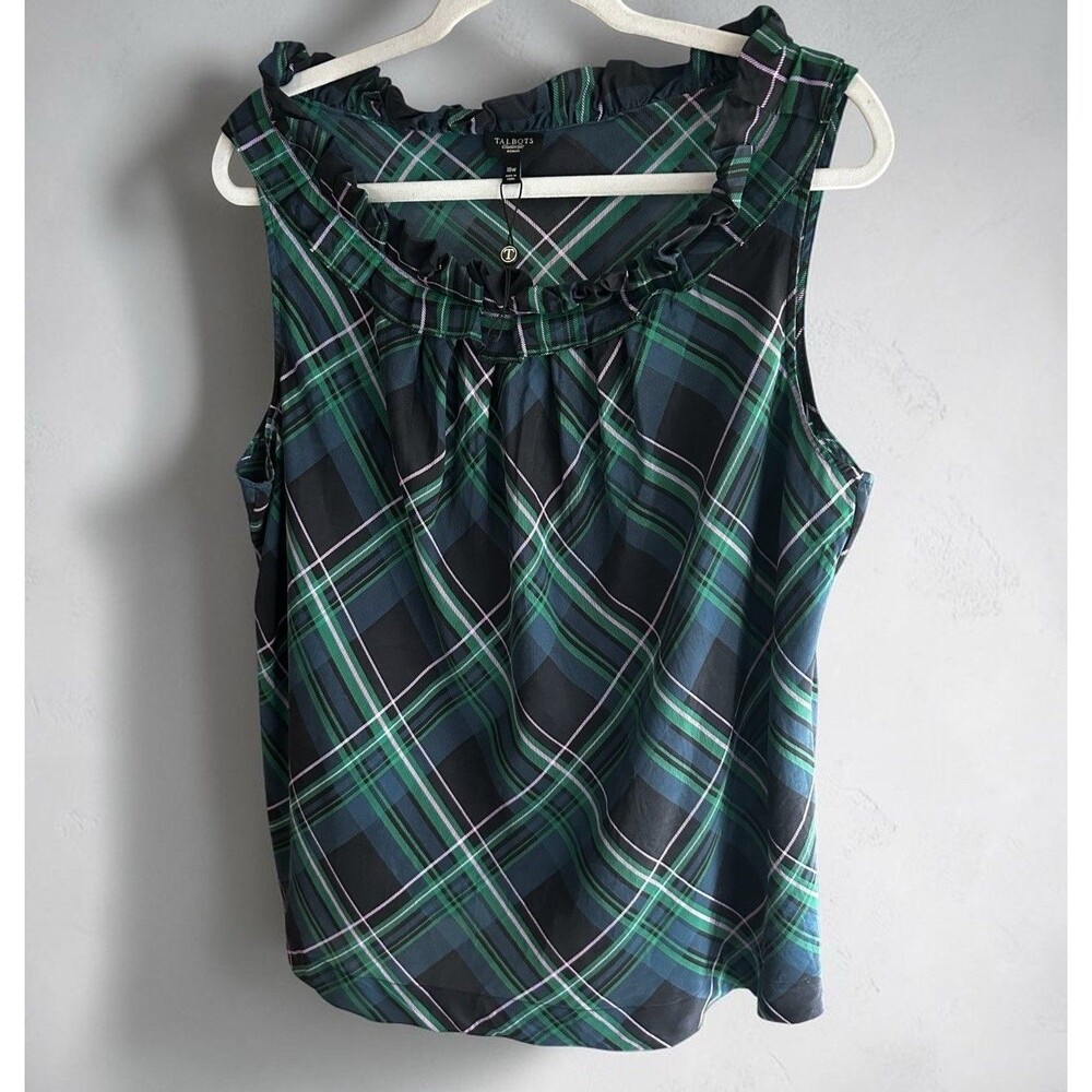Talbots 100% SILK Sleeveless Plaid Blouse With Ruffled Collar Size 16W